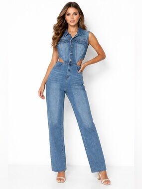 Sleeveless Cutout High-Waist Blue Denim Jumpsuit - Women Jeans